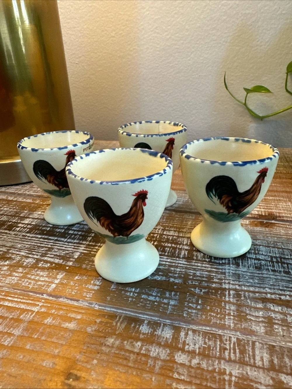 Vintage Ceramic Egg Cups Hand-painted Rooster Design Blue Sponged Rim Easter